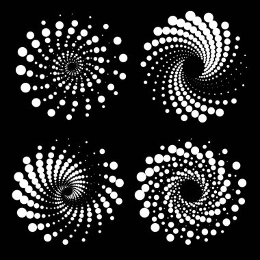 Vektör illüstrasyonu için girdapta beyaz yarım tonlu noktalı şekiller kümesi