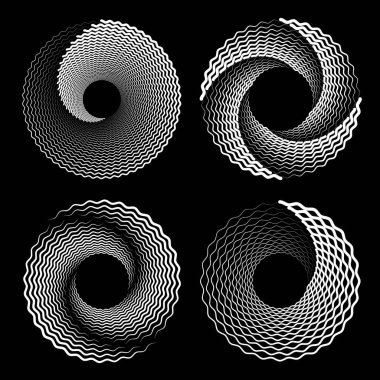 Girdap formunda beyaz zigzag dalgalı çizgiler kümesi, vektör illüstrasyonu