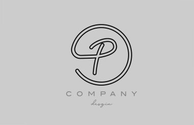 black and grey P alphabet letter logo icon design with line. Handwritten connected creative template for business and company