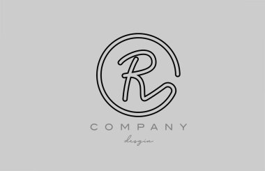 black and grey R alphabet letter logo icon design with line. Handwritten connected creative template for business and company