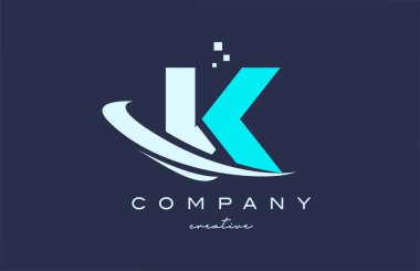 blue white K alphabet letter logo icon with swoosh. Design suitable for a business or company