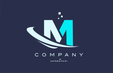 blue white M alphabet letter logo icon with swoosh. Design suitable for a business or company