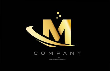 gold golden swoosh M alphabet letter logo icon with yellow color and dots. Design for a company or business