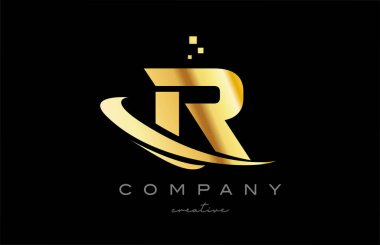 gold golden swoosh R alphabet letter logo icon with yellow color and dots. Design for a company or business