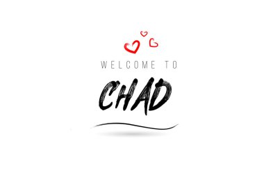Welcome to CHAD country text typography with red love heart and black name. Creative handwritten template word icon logo design