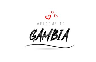 Welcome to GAMBIA country text typography with red love heart and black name. Creative handwritten template word icon logo design