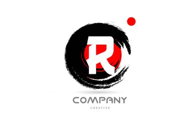 grunge R alphabet letter logo icon design with japanese style lettering. Creative template for company and business with red dot