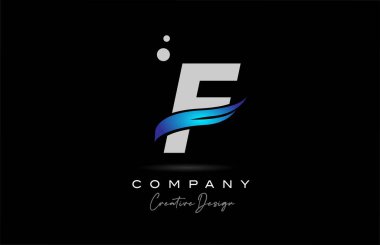 F grey alphabet letter logo icon with blue swoosh. Creative template for company and business