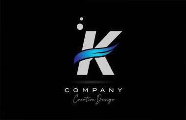 K grey alphabet letter logo icon with blue swoosh. Creative template for company and business