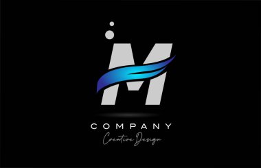 M grey alphabet letter logo icon with blue swoosh. Creative template for company and business