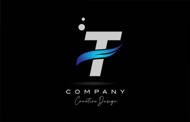 T grey alphabet letter logo icon with blue swoosh. Creative template for company and business