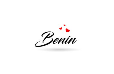 Benin ismi country kelimesi, üç kırmızı kalpli. Yaratıcı tipografi simgesi logo tasarımı