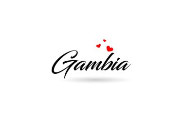 Gambiya dilinde üç kırmızı kalpli ülke ismi. Yaratıcı tipografi simgesi logo tasarımı