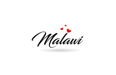 Malawi dilinde üç kırmızı kalpli bir ülke ismi. Yaratıcı tipografi simgesi logo tasarımı