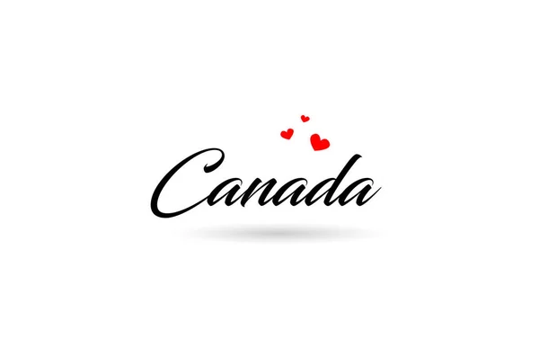 Kanada Namn Land Ord Med Tre Röda Kärlek Hjärta Kreativ — Stock vektor