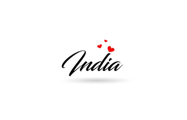 3つの赤い愛の心を持つインドの名前の国の単語 創造的なタイポグラフィのアイコンのロゴデザイン — ストックベクタ