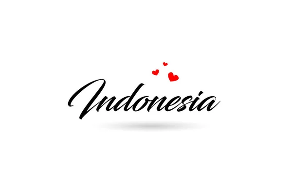 インドネシア名は3つの赤い愛の心を持つ国の言葉 創造的なタイポグラフィのアイコンのロゴデザイン — ストックベクタ