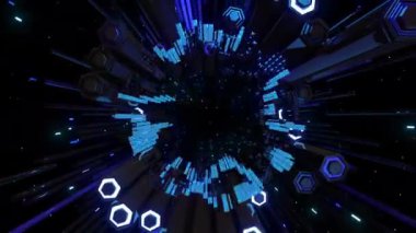 Neon liderliğindeki dijital görsel animasyon. Başlıklarda, sunumlarda veya VJ kullanımında kullanmak için ideal döngüsüz renksiz geometrik patlayıcı etkisi görüntüsü. 
