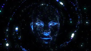 Uzay kızı dijital görsel animasyonu. Başlıklarda, sunumlarda veya VJ kullanımında kullanmak için ideal döngüsüz renksiz geometrik patlayıcı etkisi görüntüsü. 