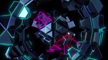 Polygonalium dijital görsel animasyon. Başlıklarda, sunumlarda veya VJ kullanımında kullanmak için ideal döngüsüz renksiz geometrik patlayıcı etkisi görüntüsü. 