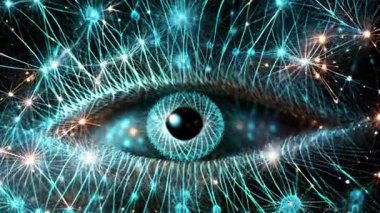 Bir göz neon ışıklarının 3D yansıması