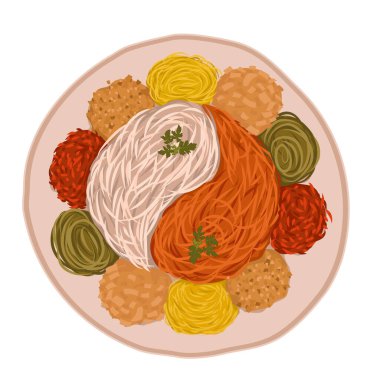 Yu Sheng, erişteli sebze salatası, ekmek ve fasulye. Beyaz arka planda geleneksel Çin yemekleri. Yee Sang, Yuu Sahng ya da Prosperit 'i izole ettim. Yeni yıl yemeği. vektör