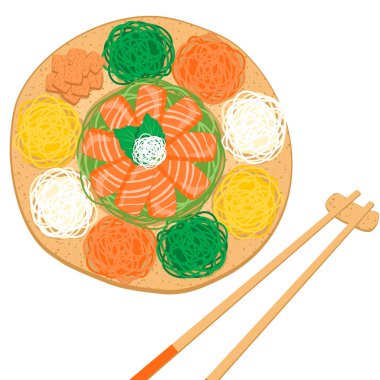 Yu Sheng, sofra manzaralı çiğ balık salatası. Yu Sheng vektör illüstrasyonu izole edildi. Yeni yıl tabağı çubuklu, Çin Yeni Yılı, somon balığı tabağı.. 
