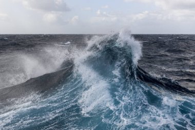 Güzel ışıklandırmalı büyük dalgalar. Fırtınalı deniz, kötü hava. Gale. Dalgalı deniz. Beaufort ölçeği 6.