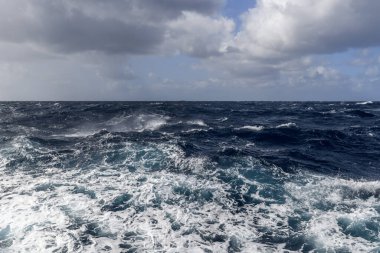 Güzel deniz manzarası. Dalgalar, bulutlar ve güzel ışıklandırmalı gökyüzü. Fırtınalı deniz, kötü hava. Gale. Dalgalı deniz. Beaufort ölçeği 6.