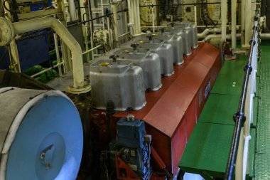 Main engine, Inside engine room on big ship, Marine engine on vessel.