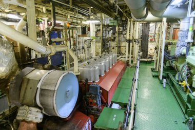 Main engine, Inside engine room on big ship, Marine engine on vessel.