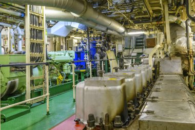 Main engine, Inside engine room on big ship, Marine engine on vessel.