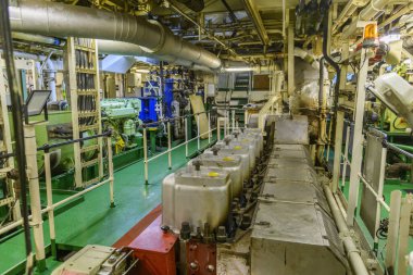 Main engine, Inside engine room on big ship, Marine engine on vessel.