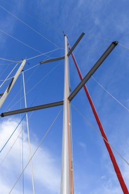 Yacht mast on sailing boat. Sailing. View from deck. Yachting concept.