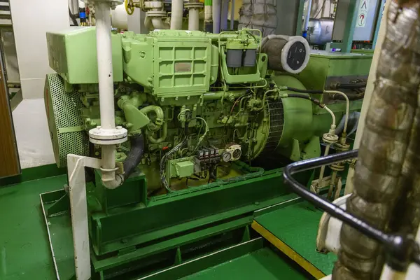 Marine engine. Diesel generator. Engine room interior.
