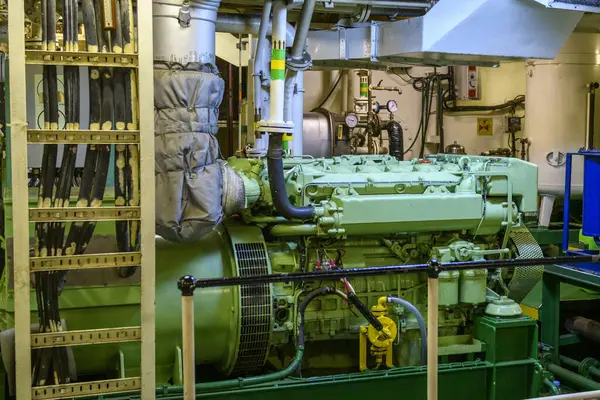Marine engine. Diesel generator. Engine room interior.