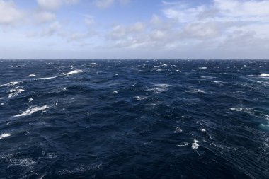 Güzel deniz manzarası. Dalgalar, bulutlar ve güzel ışıklandırmalı gökyüzü. Fırtınalı deniz, kötü hava. Gale. Dalgalı deniz.