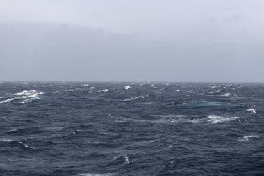 Güzel deniz manzarası. Dalgalar, bulutlar ve güzel ışıklandırmalı gökyüzü. Fırtınalı deniz, kötü hava. Gale. Dalgalı deniz.