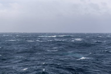 Güzel deniz manzarası. Dalgalar, bulutlar ve güzel ışıklandırmalı gökyüzü. Fırtınalı deniz, kötü hava. Gale. Dalgalı deniz.