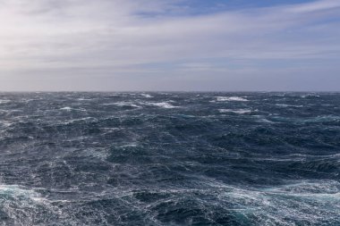 Güzel deniz manzarası. Dalgalar, bulutlar ve güzel ışıklandırmalı gökyüzü. Fırtınalı deniz, kötü hava. Gale. Dalgalı deniz.