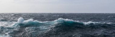 Güzel deniz manzarası. Dalgalar, bulutlar ve güzel ışıklandırmalı gökyüzü. Fırtınalı deniz, kötü hava. Gale. Dalgalı deniz.