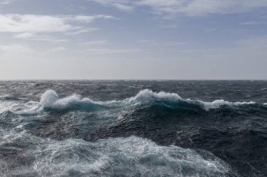 Güzel deniz manzarası. Dalgalar, bulutlar ve güzel ışıklandırmalı gökyüzü. Fırtınalı deniz, kötü hava. Gale. Dalgalı deniz.