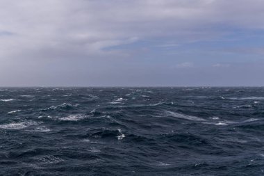Güzel deniz manzarası. Dalgalar, bulutlar ve güzel ışıklandırmalı gökyüzü. Fırtınalı deniz, kötü hava. Gale. Dalgalı deniz.