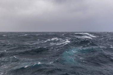 Güzel deniz manzarası. Dalgalar, bulutlar ve güzel ışıklandırmalı gökyüzü. Fırtınalı deniz, kötü hava. Gale. Dalgalı deniz.