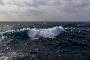 Güzel deniz manzarası. Dalgalar, bulutlar ve güzel ışıklandırmalı gökyüzü. Fırtınalı deniz, kötü hava. Gale. Dalgalı deniz.