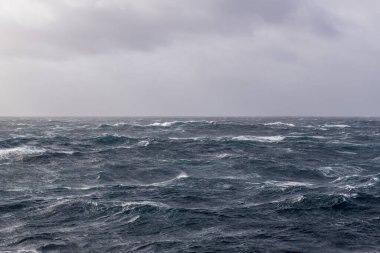 Güzel deniz manzarası. Dalgalar, bulutlar ve güzel ışıklandırmalı gökyüzü. Fırtınalı deniz, kötü hava. Gale. Dalgalı deniz.