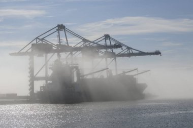 Konteyner gemisi limanda, sisli. Sisli hava. Görüş mesafesi kötü.