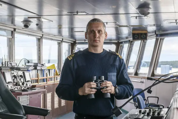 Deck Officer Binoculars Navigational Bridge Seaman Board Vessel Commercial Shipping Royalty Free Stock Images
