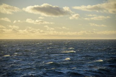 Güzel deniz manzarası. Dalgalar, bulutlar ve güzel ışıklandırmalı gökyüzü. Altın saat.