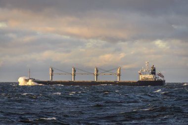 Kargo gemisi denizde. Güzel ışık - altın saat.